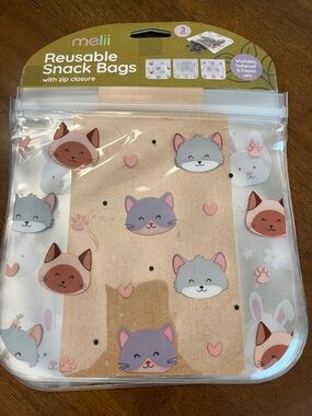 Reusable Snack/Lunch Bags - Clear with Cat Bunny Unicorn Design (3 Pack)